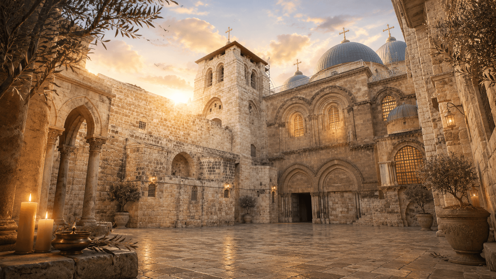 Golden-hour view of a Holy Land basilica — domes with crosses, stone arches, candles, and olive branches in the foreground.
